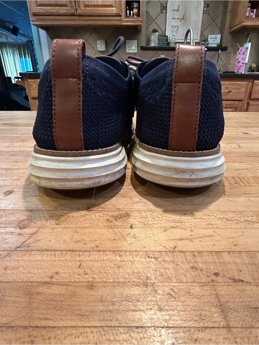 Cole Haan Navy Knit Lace-Up Slip-On Loafers with Tan Accents